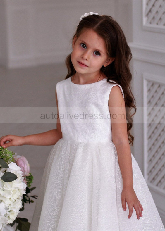 White Glitter Tulle Lace Trim Flower Girl Dress